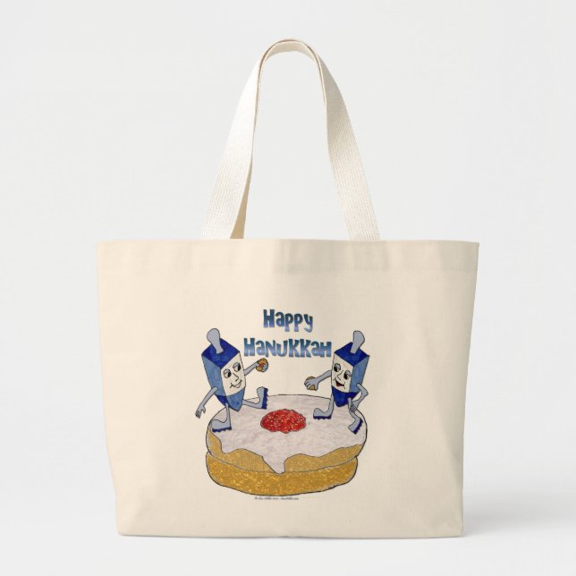 Bolso De Tela Gigante Judaica Happy Hanukkah Dancing Dreidels Doughnut (Frente)