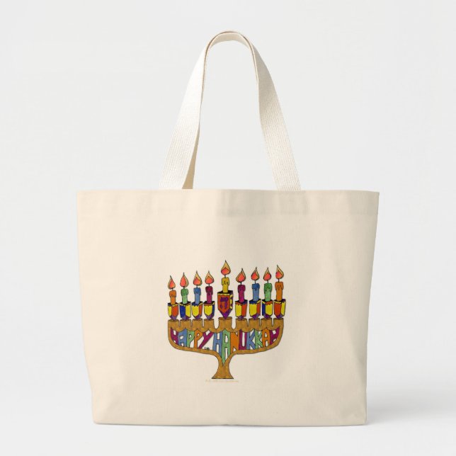 Bolso De Tela Gigante Judaica Happy Hanukkah Dreidel Menorah (Frente)