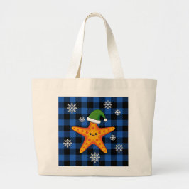 Bolso De Tela Gigante Kawaii Navidad Starfish en patrón de búfalo azul