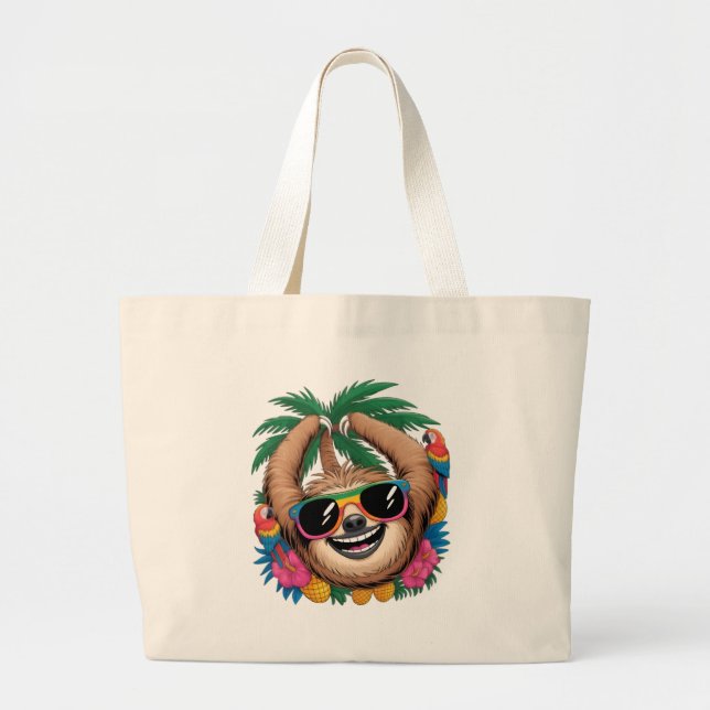 Bolso De Tela Gigante Kawaii Tropical Sloth – Cute Summer Vibes Rainbow  (Frente)