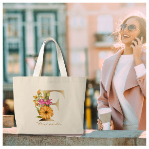 Bolso De Tela Gigante Letra F Elegant Floral Gold Monograma