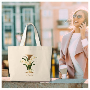 Bolso De Tela Gigante Letra I Elegante Monograma de oro floral