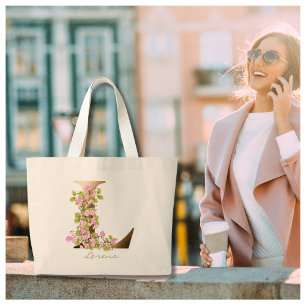 Bolso De Tela Gigante Letra L Elegante Floral Monograma Dorado