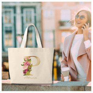 Bolso De Tela Gigante Letra P Elegante Monograma de Oro Floral