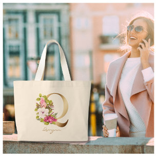 Bolso De Tela Gigante Letra Q Elegant Gold Floral Monograma