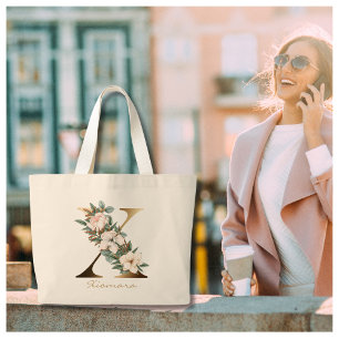 Bolso De Tela Gigante Letra X Gold Monograma blanco Naranja Rubor Floral