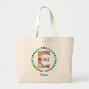Bolso De Tela Gigante Letras florales iniciales "E" con nombre personali
