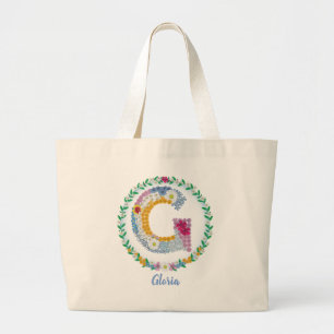 Bolso De Tela Gigante Letras florales iniciales "G" con nombre personali
