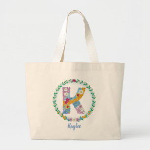 Bolso De Tela Gigante Letras florales iniciales "K" con nombre personali