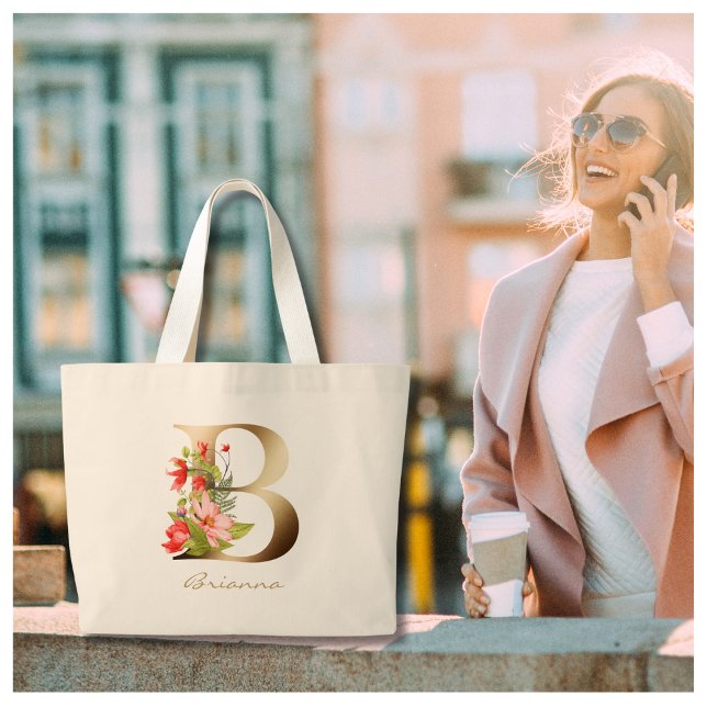 Bolso De Tela Gigante Letter B Elegant Floral Gold Monogram (Subido por el creador)