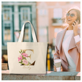 Bolso De Tela Gigante Letter E Gold Monogram Pink Flowers