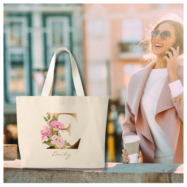 Bolso De Tela Gigante Letter E Gold Monogram Pink Flowers (Subido por el creador)
