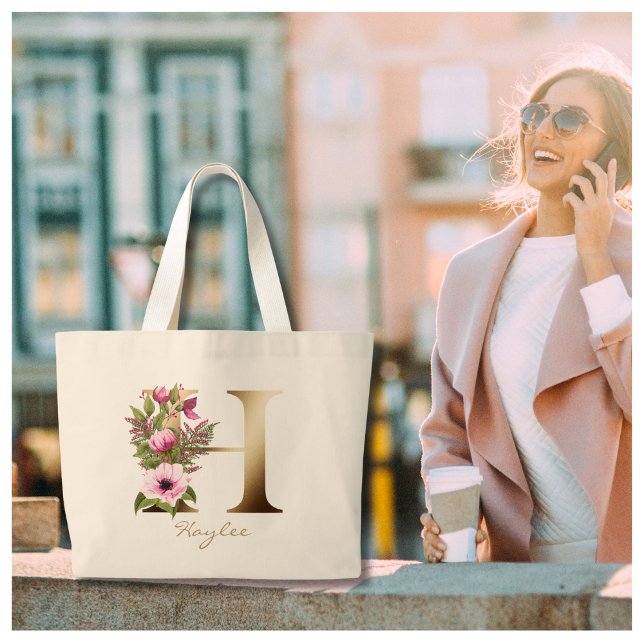 Bolso De Tela Gigante Letter H Elegant Floral Gold Monogram  (Subido por el creador)