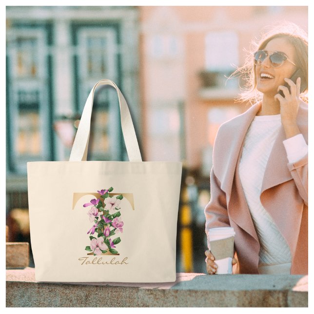 Bolso De Tela Gigante Letter T Elegant Floral Gold Monogram (Subido por el creador)