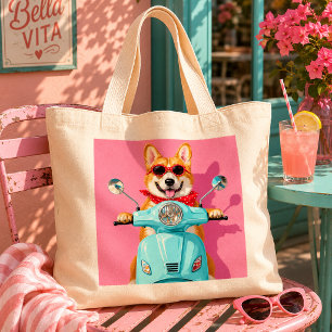 Bolso De Tela Gigante Lindo perro Corgi montando scooter azul retro
