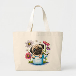 Bolso De Tela Gigante Lindo Pug Cachorro Perrito Margaritas Floral Carto