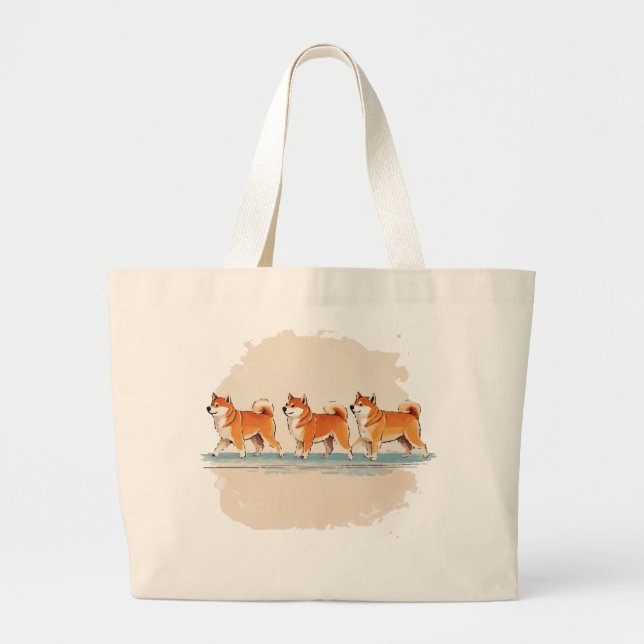 Bolso De Tela Gigante lindo shiba inu caminando en línea camiseta (Frente)
