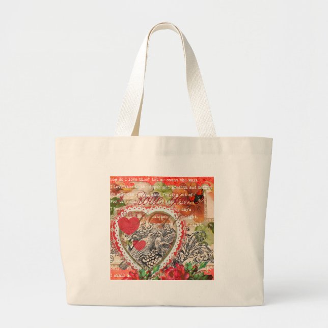 Bolso De Tela Gigante Love Birds Heart Red Art Collage (Frente)