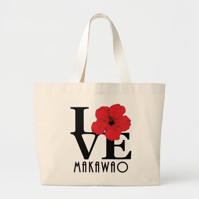 Bolso De Tela Gigante LOVE Makawao Hawai rojo Hibiscus (Frente)