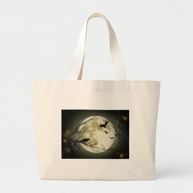 Bolso De Tela Gigante Luna llena con murciélagos y Raven. (Frente)