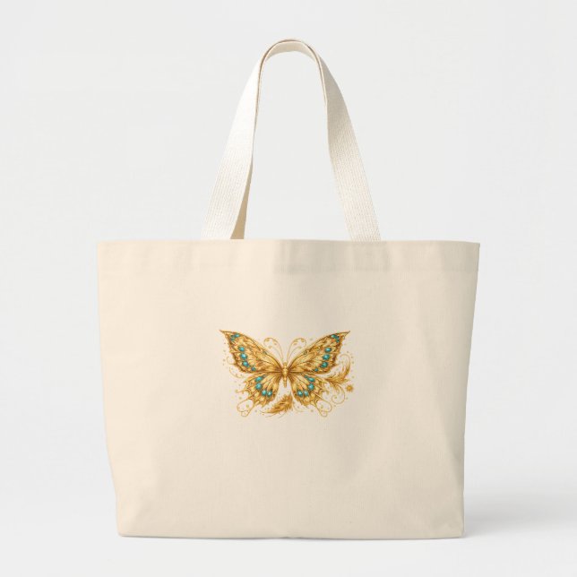 Bolso De Tela Gigante Luxury Gold Butterfly – Elegant Turquoise Accent  (Frente)