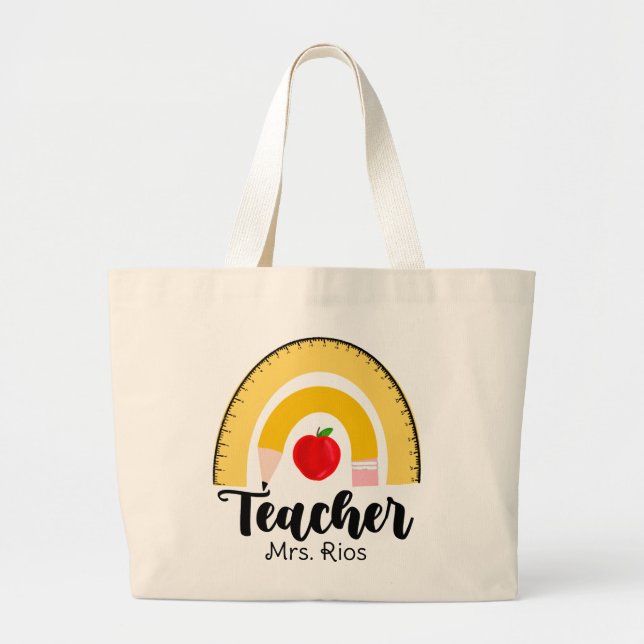 Bolso De Tela Gigante Maestra con suministros de escuela arco iris (Frente)