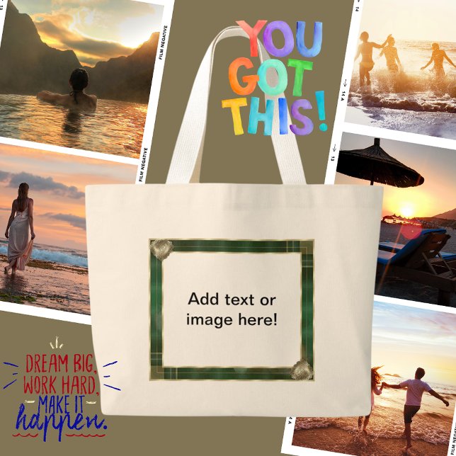 Bolso De Tela Gigante Marco Antiguo Verde Agregar Foto Cotización  (Green Antique Frame Add Your Photo Here Large Tote Bag)