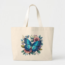 Bolso De Tela Gigante Mariposa azul oscuro sobre el diseño floral