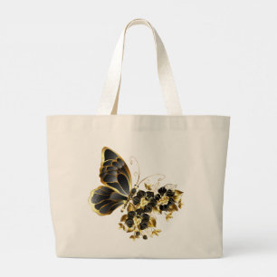 Bolso De Tela Gigante Mariposa de flores de oro con orquídea negra