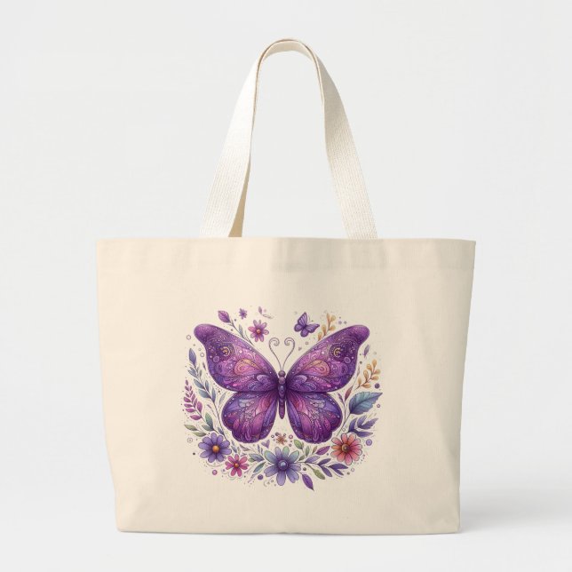 Bolso De Tela Gigante Mariposa morada con flores (Frente)
