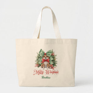 Bolso De Tela Gigante Merry Woofmas lindo corgi con arco verde