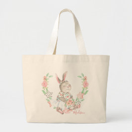 Bolso De Tela Gigante Moderno Girly Watercolor Floral Bunny Rabbit Nombr