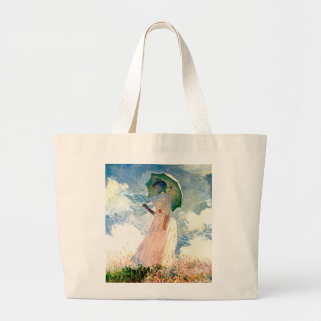 Bolso De Tela Gigante Monet artístico "Mujer con parosel rosado" (Frente)