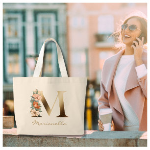 Bolso De Tela Gigante Monograma de oro floral elegante de la letra M