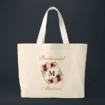 Bolso De Tela Gigante Monograma dorado de Borgoña Floral<br><div class="desc">Acuarela Burgundy Floral Gold Monograma Bridesmaid Tote Bag - Grande</div>
