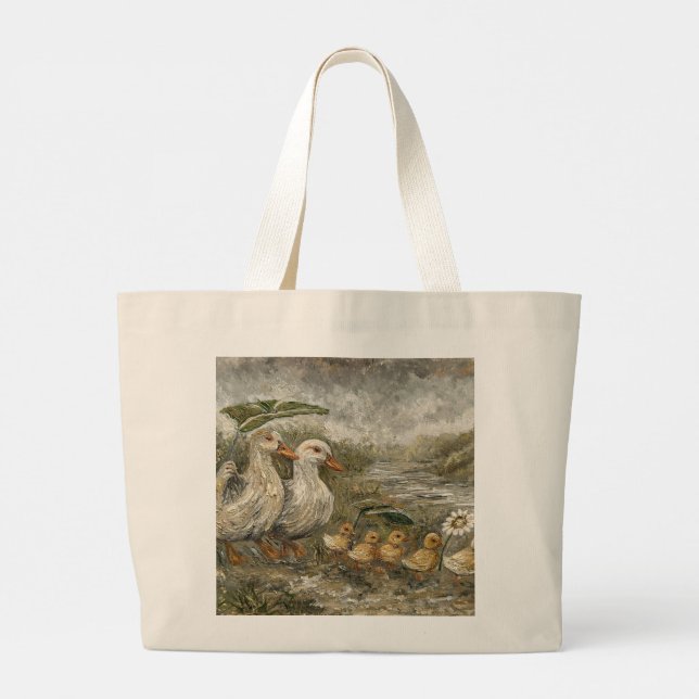 Bolso De Tela Gigante Morning Commute Whimsical Farmhouse Duck Rainy Day (Reverso)