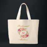 Bolso De Tela Gigante Mostradora de honor Floral Rosa Rubor Gold Monogra<br><div class="desc">Acuarela Color rosa Rubor Floral Gold Monograma de la dama de honor Bolsa - Grande</div>