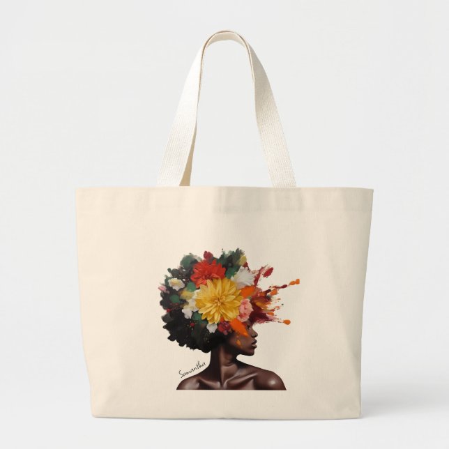 Bolso De Tela Gigante Mujer afroamericana con pelo afro floral (2) (Frente)