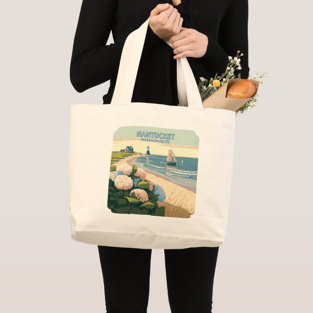 Bolso De Tela Gigante Nantucket Beach Hydrangeas Lighthouse Bote Retro (Anverso (producto))