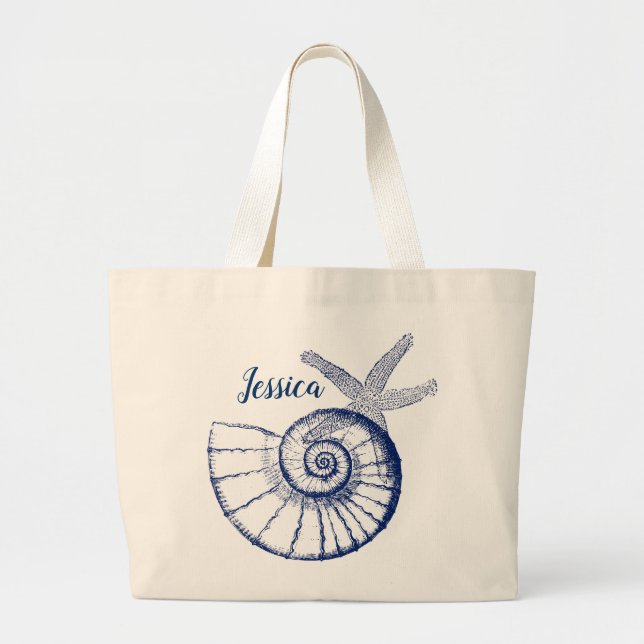 Bolso De Tela Gigante Nautilus Seashell & Starfish Marine Life Personali (Frente)