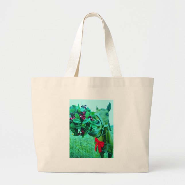 Bolso De Tela Gigante Navidades Caballo Verde azulado Mistletoe (Frente)