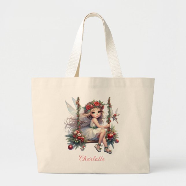 Bolso De Tela Gigante Navidades de acuarela | Nombre personalizado (Frente)