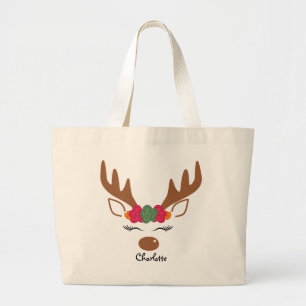 Bolso De Tela Gigante Navidades florales nombre personalizado reno