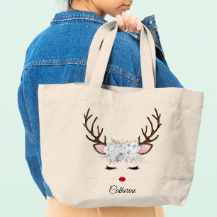 Bolso De Tela Gigante Navidades florales nombre personalizado reno
