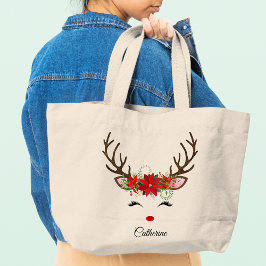 Bolso De Tela Gigante Navidades florales nombre personalizado reno
