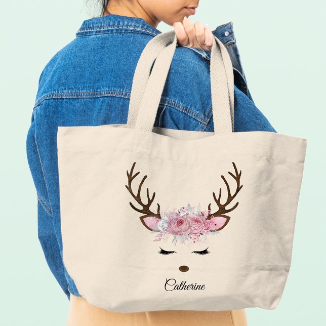 Bolso De Tela Gigante Navidades florales nombre personalizado reno (Subido por el creador)