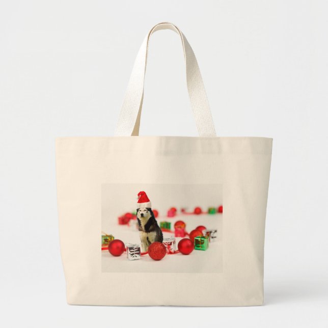 Bolso De Tela Gigante Navidades Husky siberianos con una caja de regalo  (Frente)