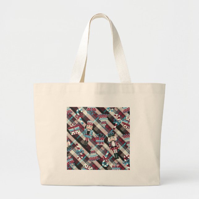 Bolso De Tela Gigante Navidades Nutcracker Plaid Blue Burgundy (Frente)