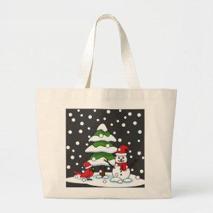 Bolso De Tela Gigante Nieve cayendo sobre cardenal, muñeco de nieve y pi
