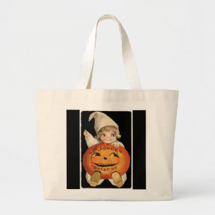 Bolso De Tela Gigante Niña vintage con calabaza de Halloween